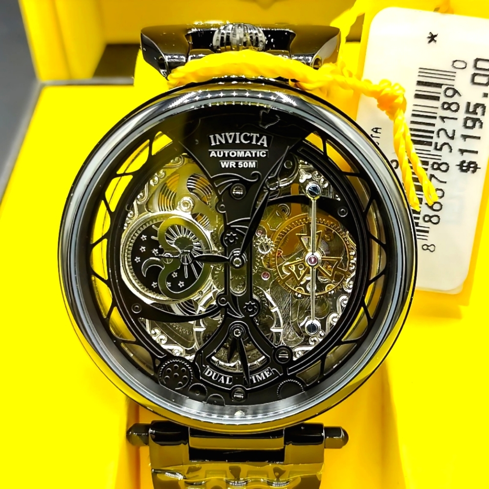 FIRM PRICE-New Invicta Objet d'Art Skeleton Dual time stainless steel Watch.